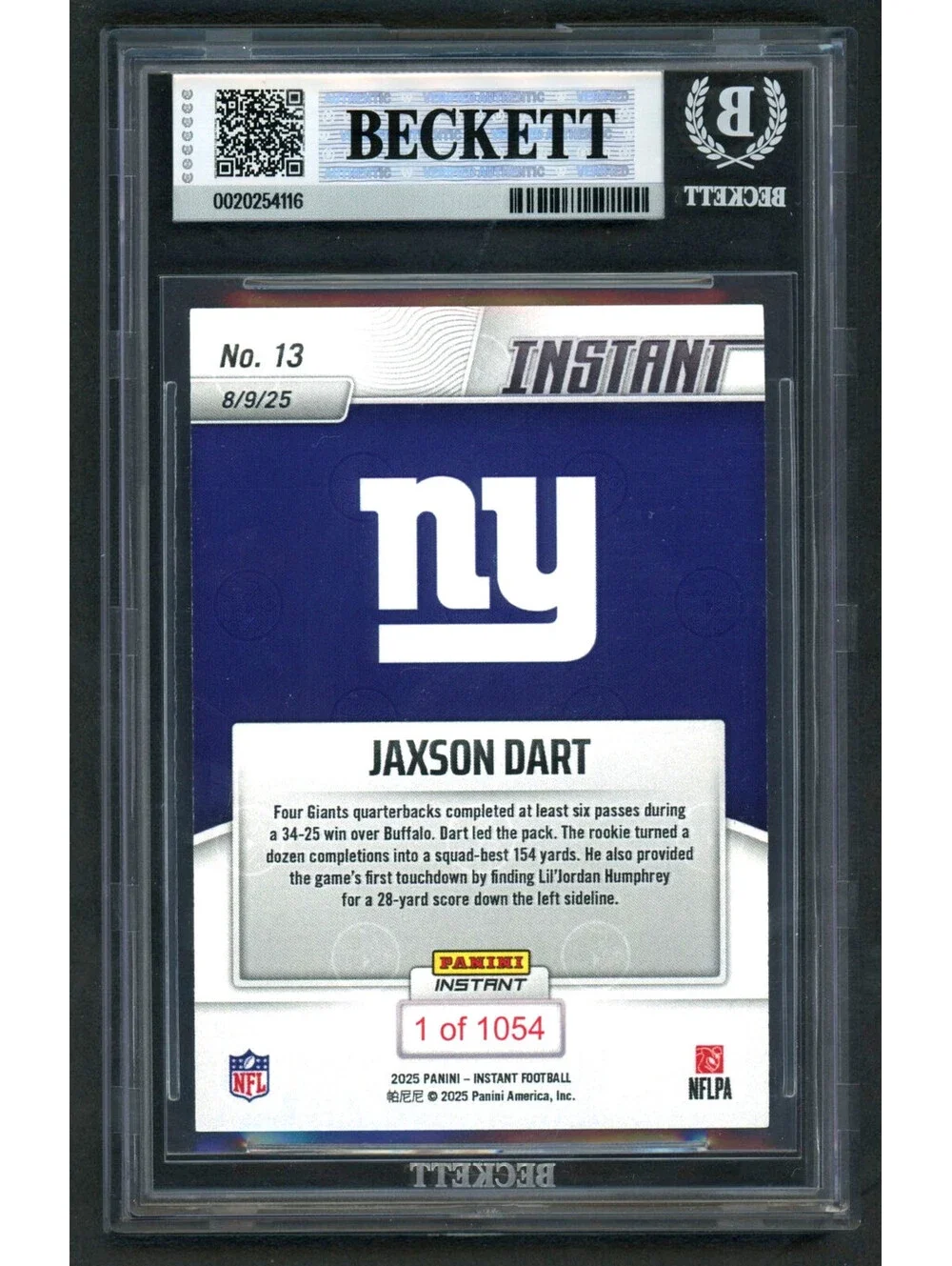 2025 Panini Instant NFL #13 Jaxson Dart Debut Giants Rookie (RC) BGS 9 Mint